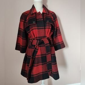🥰 Vintage Y2K (2008) GAP Buffalo Plaid 3/4 Sleeve Mid Length Wool Pea Coat, SM